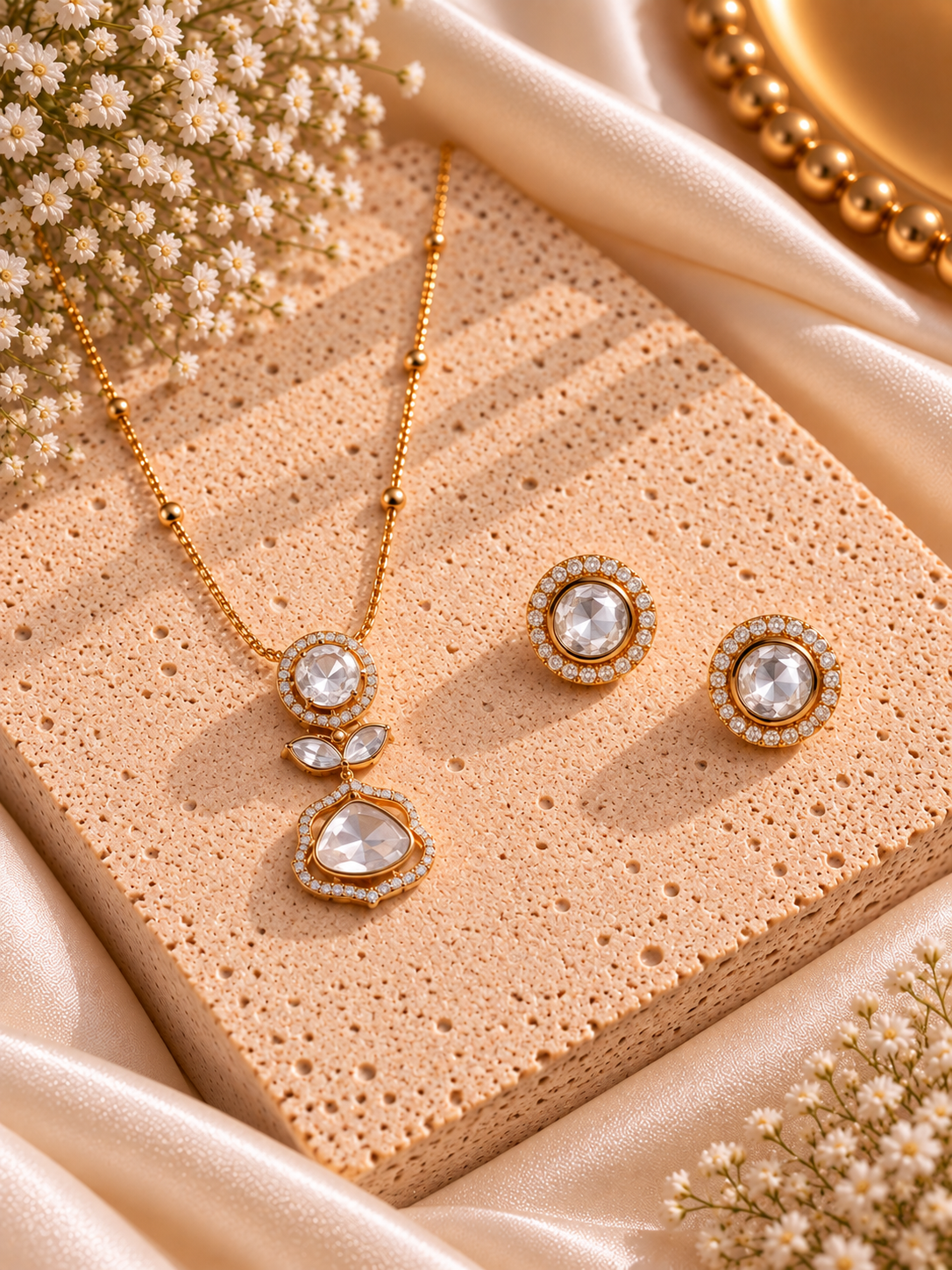 Amaita minimalist white Polki drop pendant necklace set with matching earrings