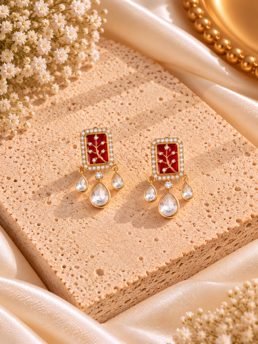 A pair of gold-toned statement earrings with rectangular red enamel panels featuring a gold floral motif, accented with small clear stones and dangling teardrop-shaped clear stones, displayed on a textured beige stone block with satin fabric and dried flowers.