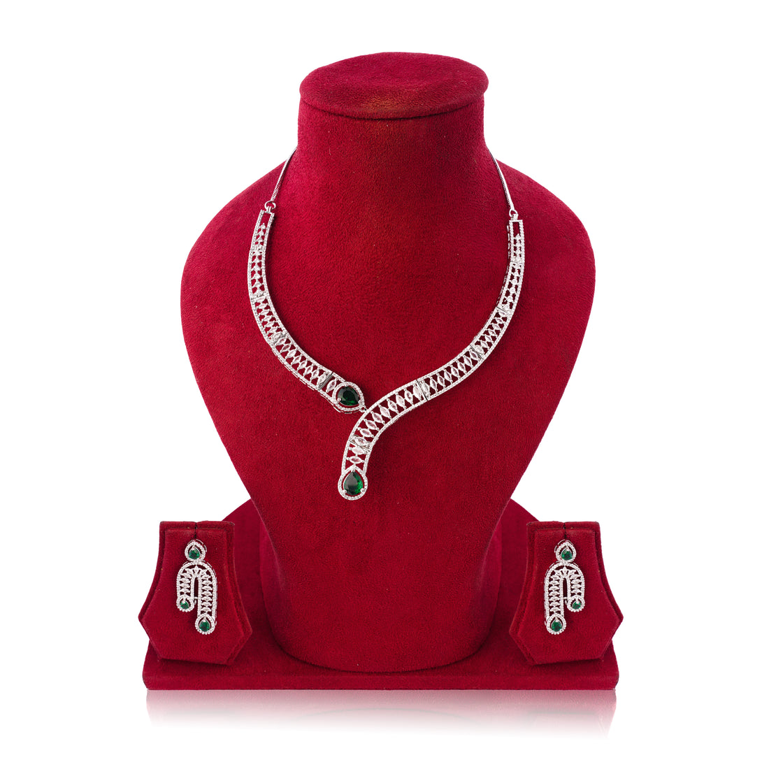 Jewelry set with necklace and earrings on a red velvet stand against a white background