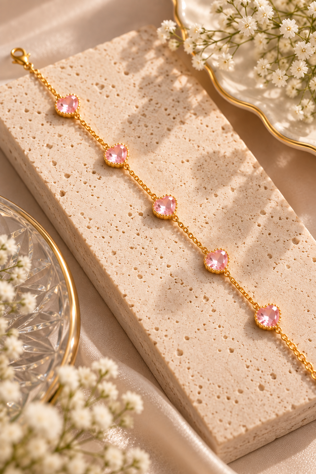 A delicate gold chain bracelet with five pink heart-shaped crystals, displayed on a textured beige stone block with soft floral props.