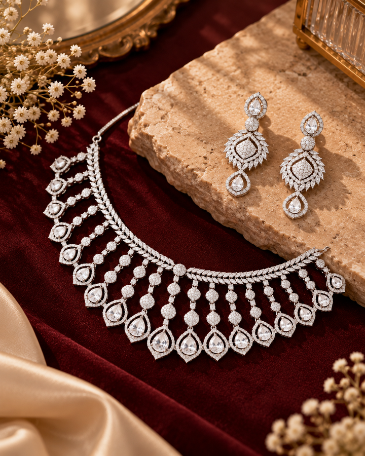 Amaita_demi-fine_white_American_Diamond_fan_design_necklace_and_earrings_set_in_platinum_polish_