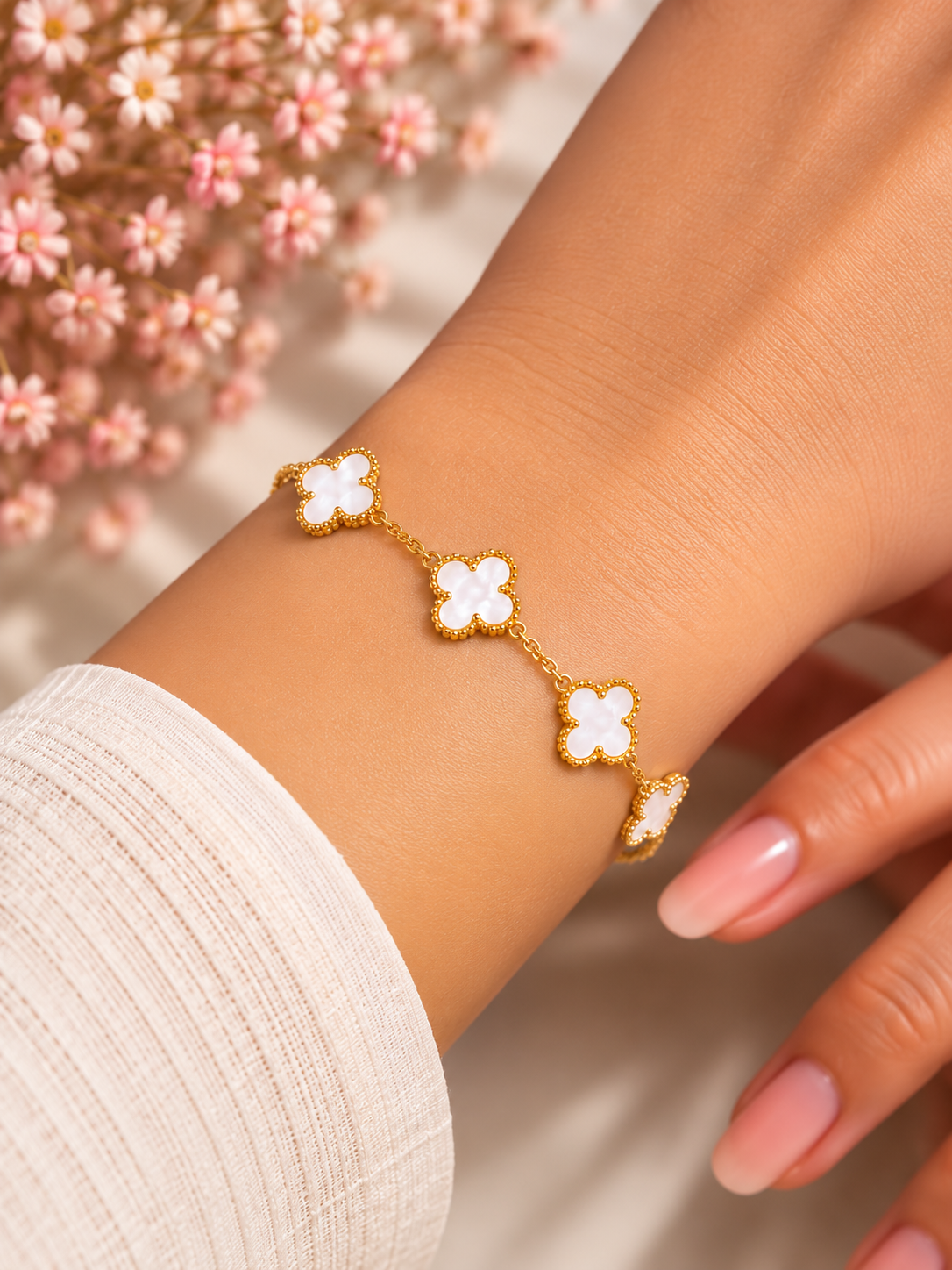 Amaita demi-fine white mother-of-pearl style five-motif clover charm bracelet