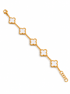 A gold-tone bracelet featuring five alternating white clover motifs bordered in gold, displayed diagonally on a clean white background.