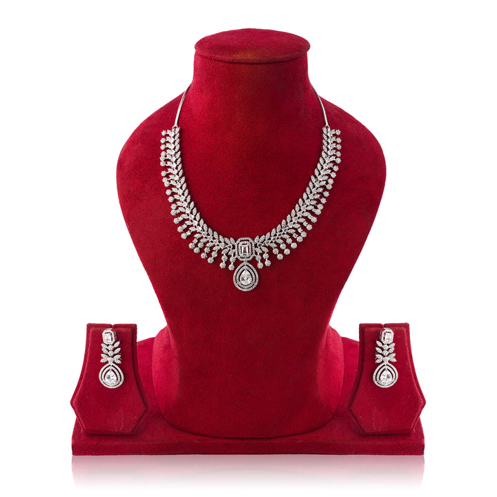 Amaita Platinum Shine Silver-White AD Necklace & Earrings