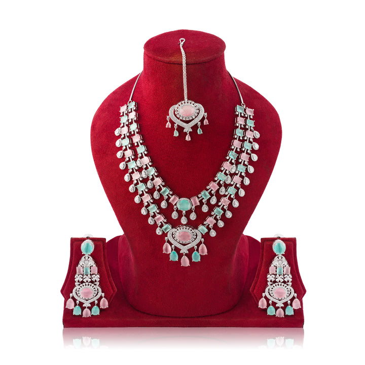 Amaita Grand Pastel Pink & Mint Green Stone Bridal Jewellery Set