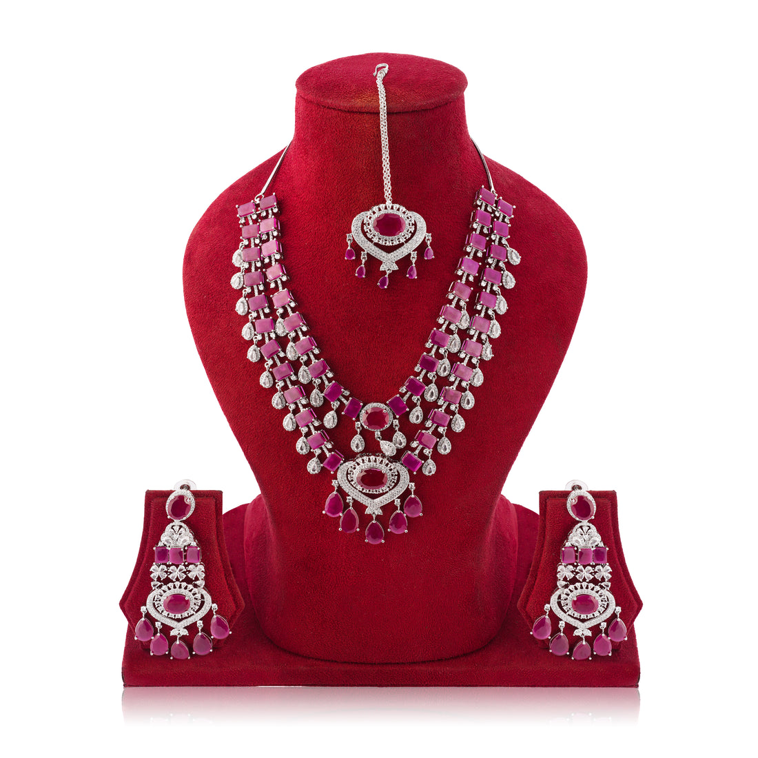 Amaita Ruby Pink Grand Bridal Jewellery Set with Earrings & Tikka