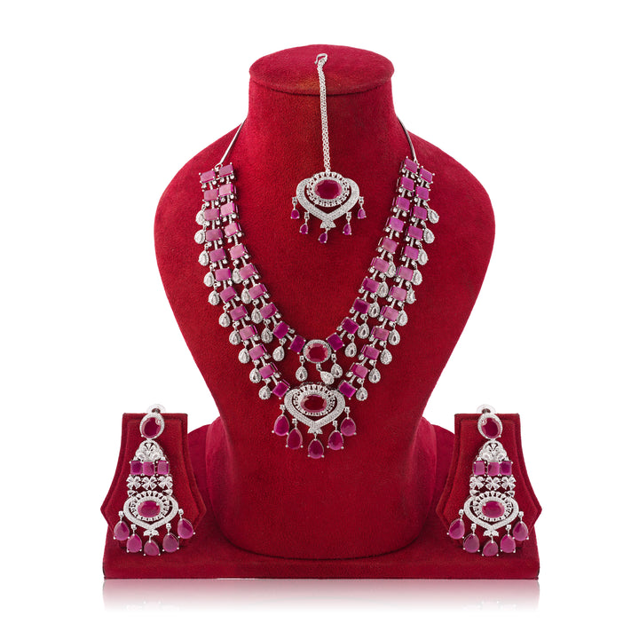 Amaita Ruby Pink Grand Bridal Jewellery Set with Earrings & Tikka