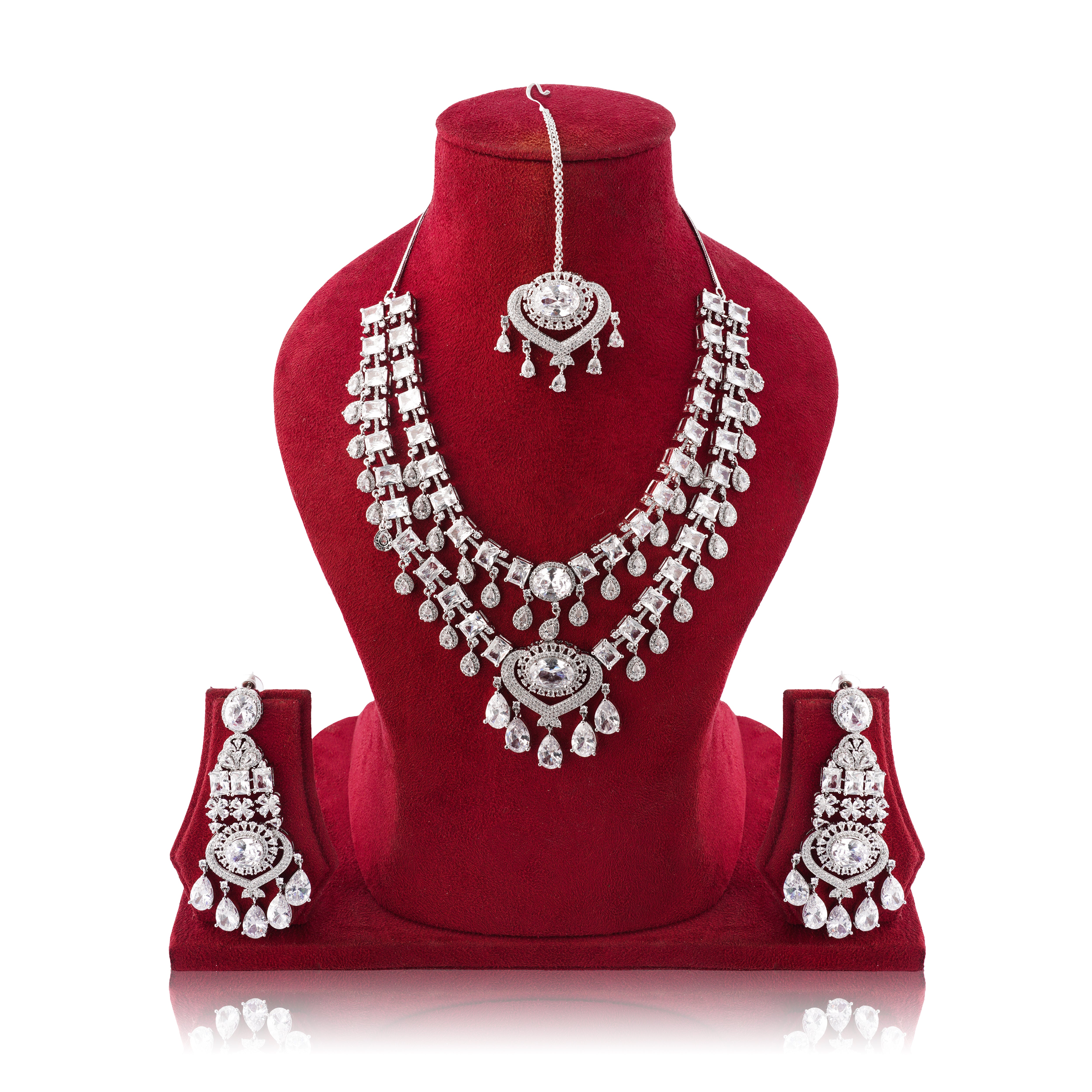 Amaita Platinum Polish White AD Bridal Jewellery Set with Earrings & Tikka