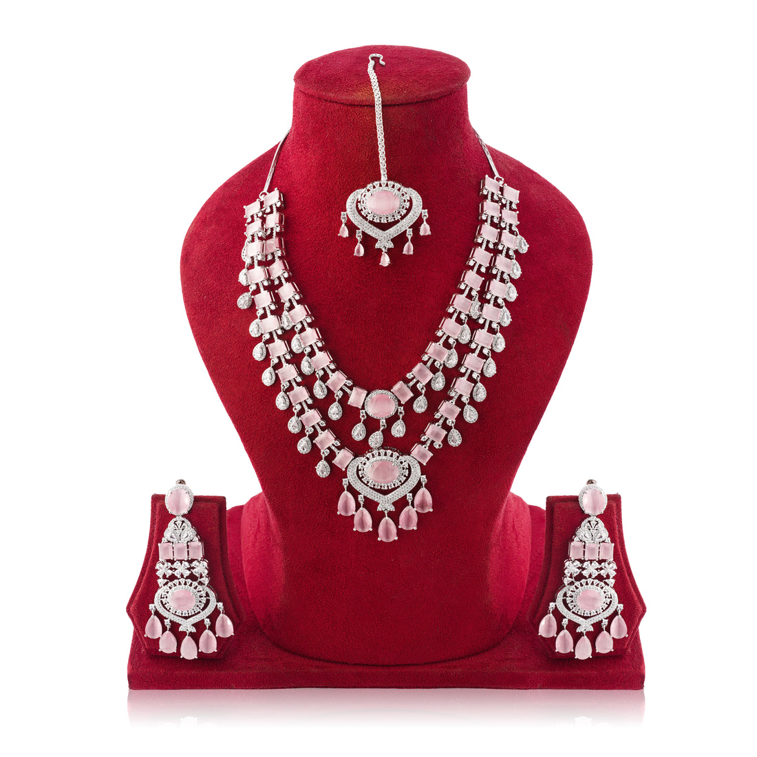 Amaita Elegant Blush Drop Necklace with Statement Earrings & Maang Tikka