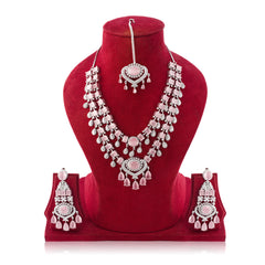 Amaita Elegant Blush Drop Necklace with Statement Earrings & Maang Tikka