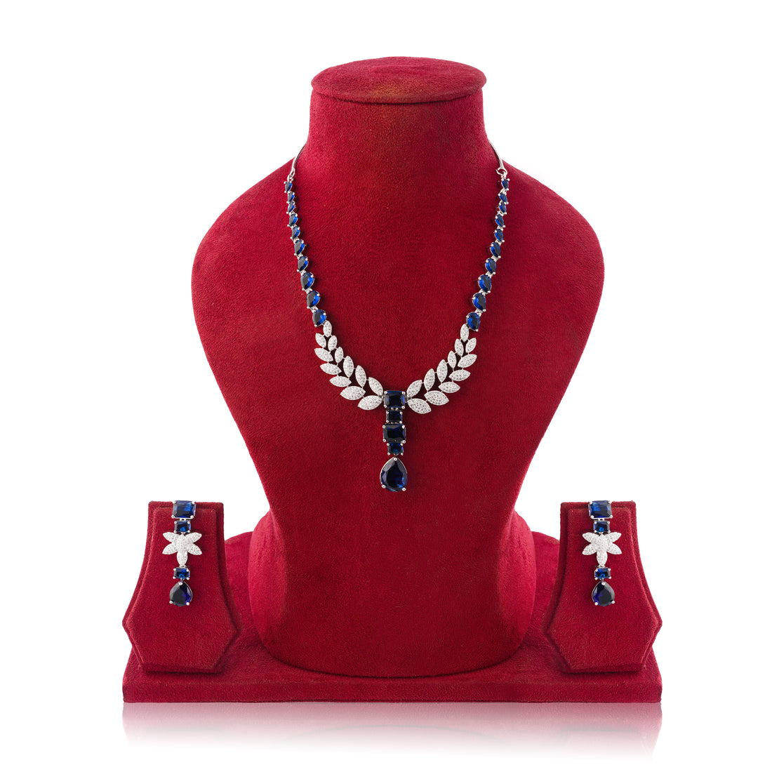 Amaita Sapphire Blue Platinum Polish Leaf Design Necklace & Earrings