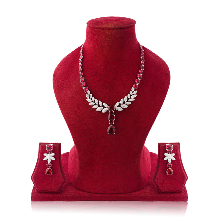 Amaita Ruby Red Platinum Polish Leaf Design Necklace & Earrings