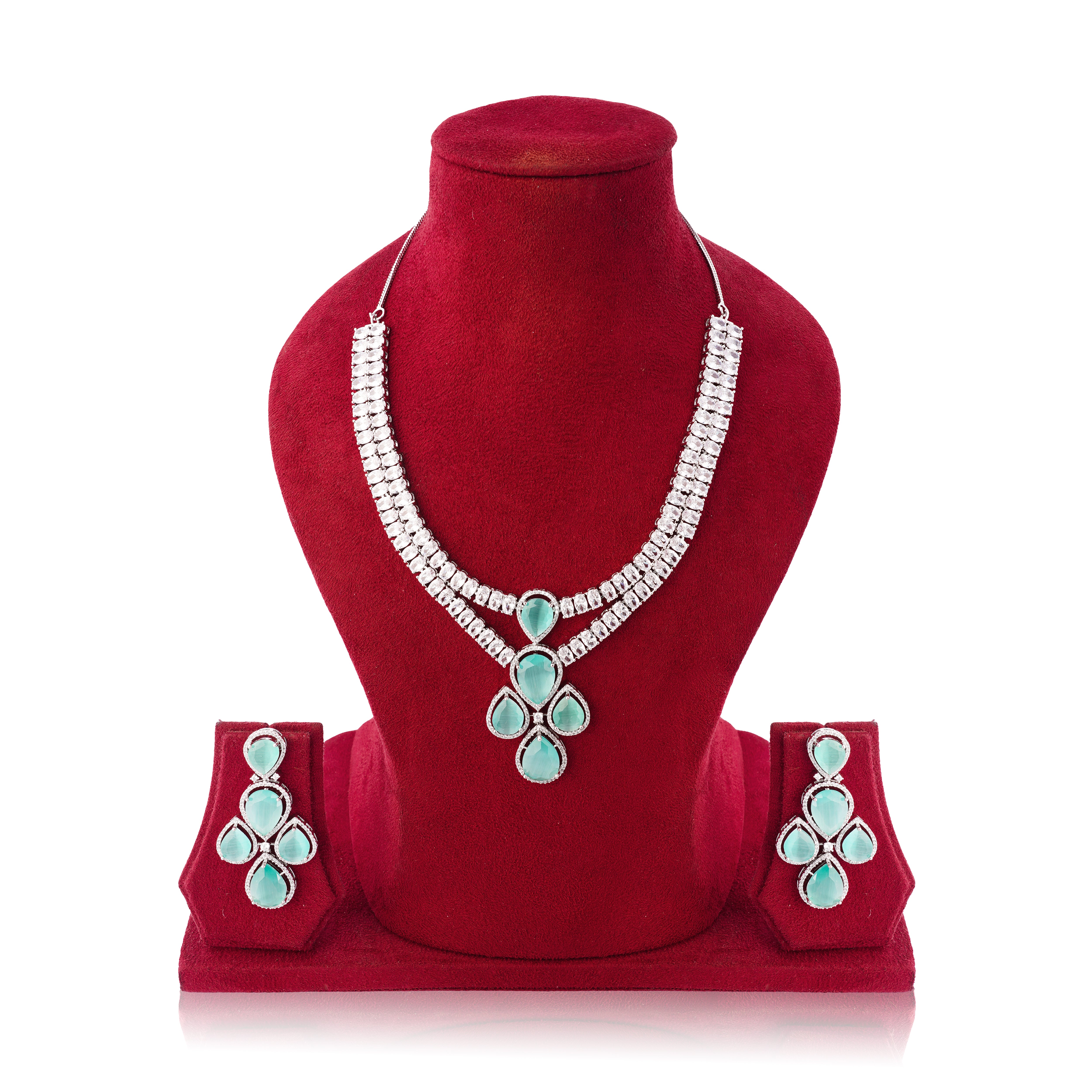 Amaita Chic Turquoise Green Platinum Polish Drop Stone Necklace & Earrings