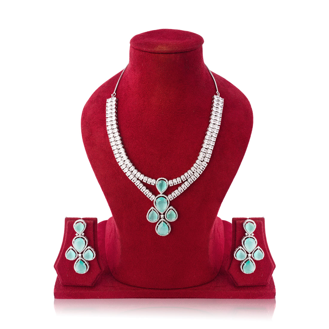 Amaita Chic Turquoise Green Platinum Polish Drop Stone Necklace & Earrings