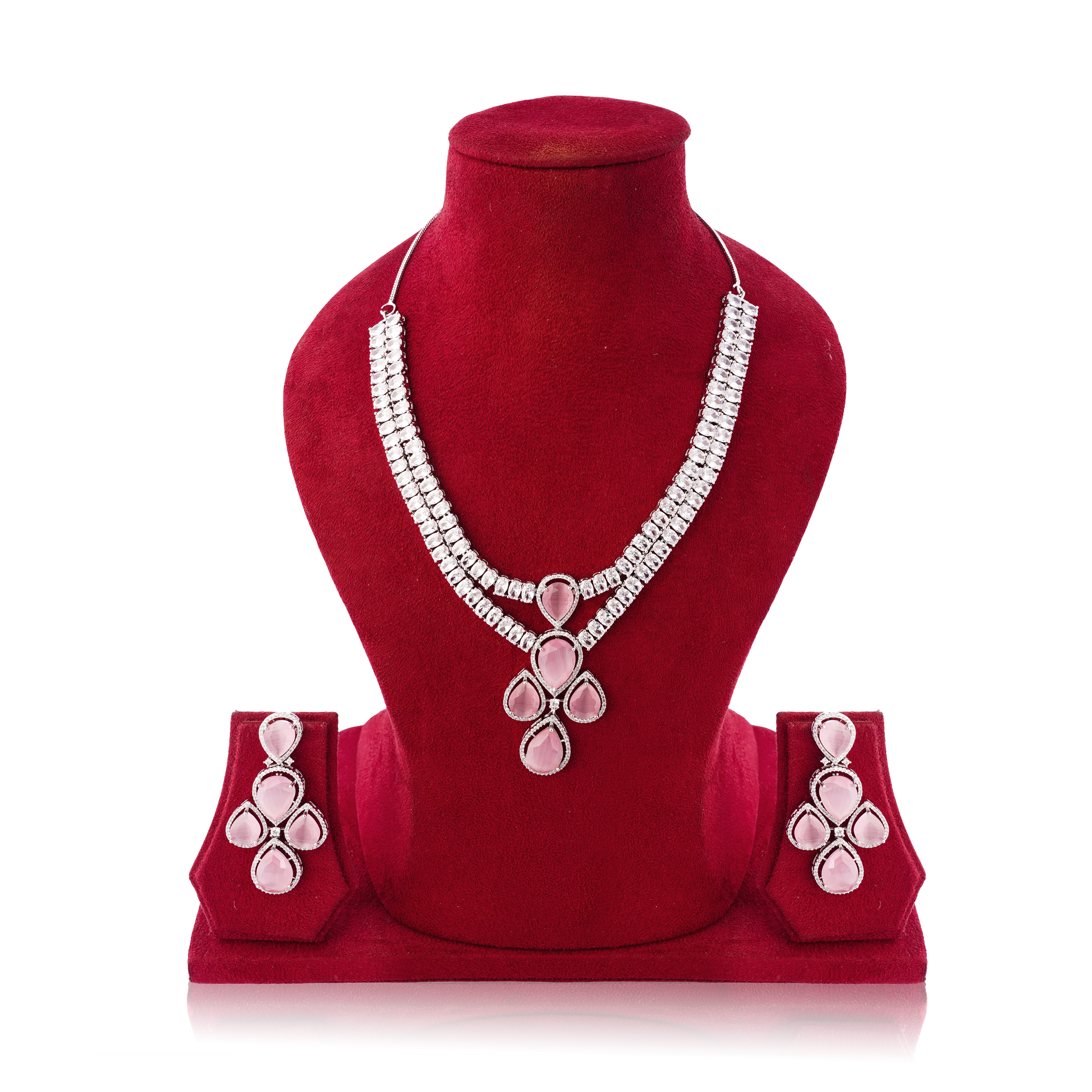 Amaita Ruby Rose Platinum Polish Drop Stone Necklace & Earrings