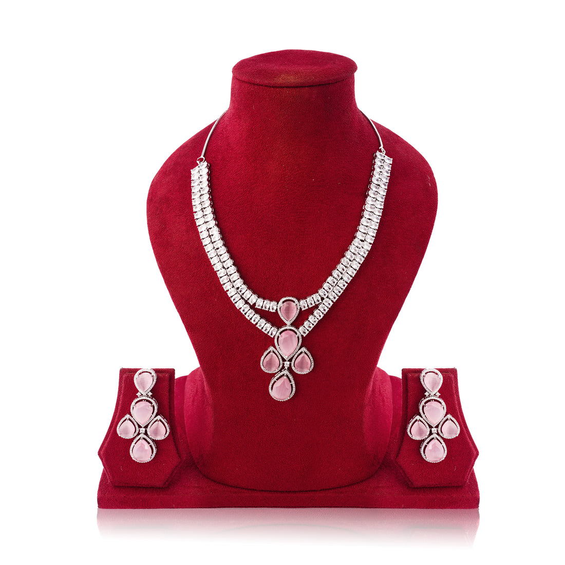 Amaita Ruby Rose Platinum Polish Drop Stone Necklace & Earrings