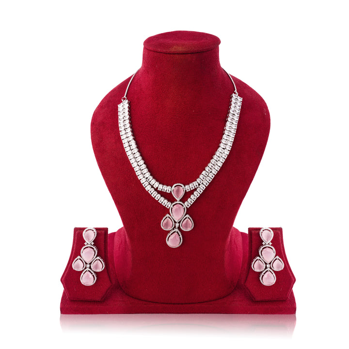 Amaita Ruby Rose Platinum Polish Drop Stone Necklace & Earrings