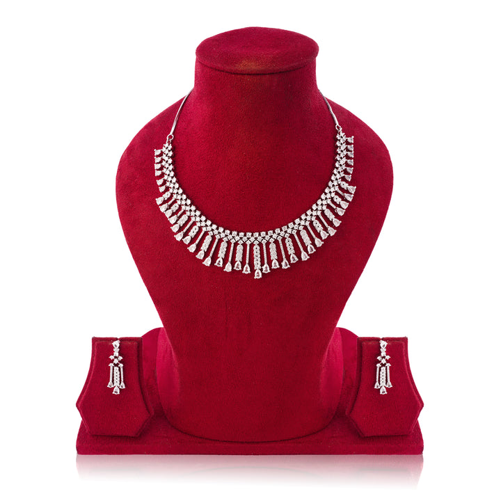 Amaita Platinum Polish White AD Waterfall Necklace & Earrings