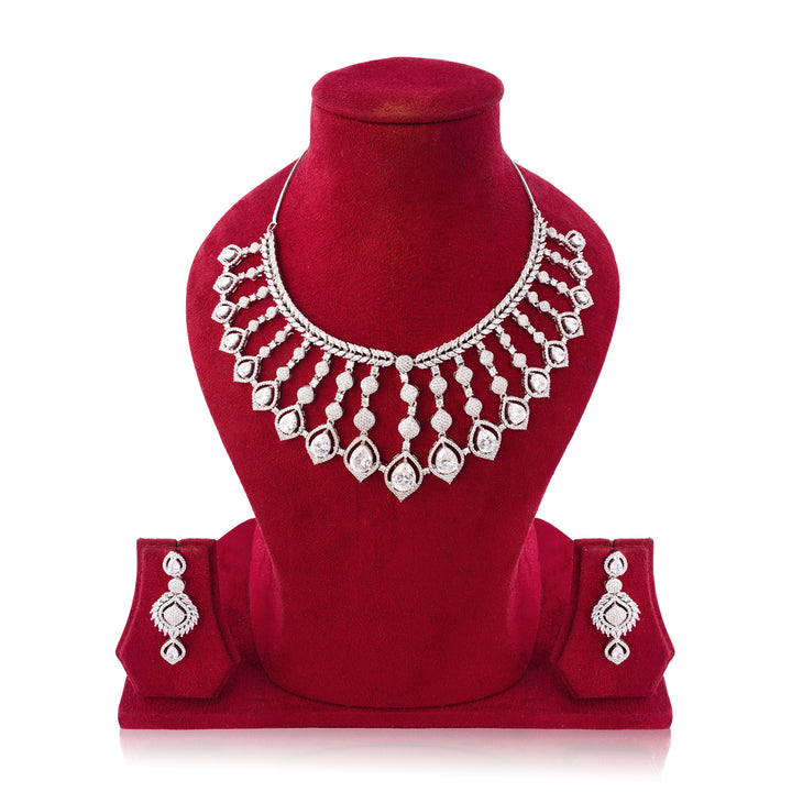 Amaita Platinum Polish White AD Fan Necklace & Earrings Set
