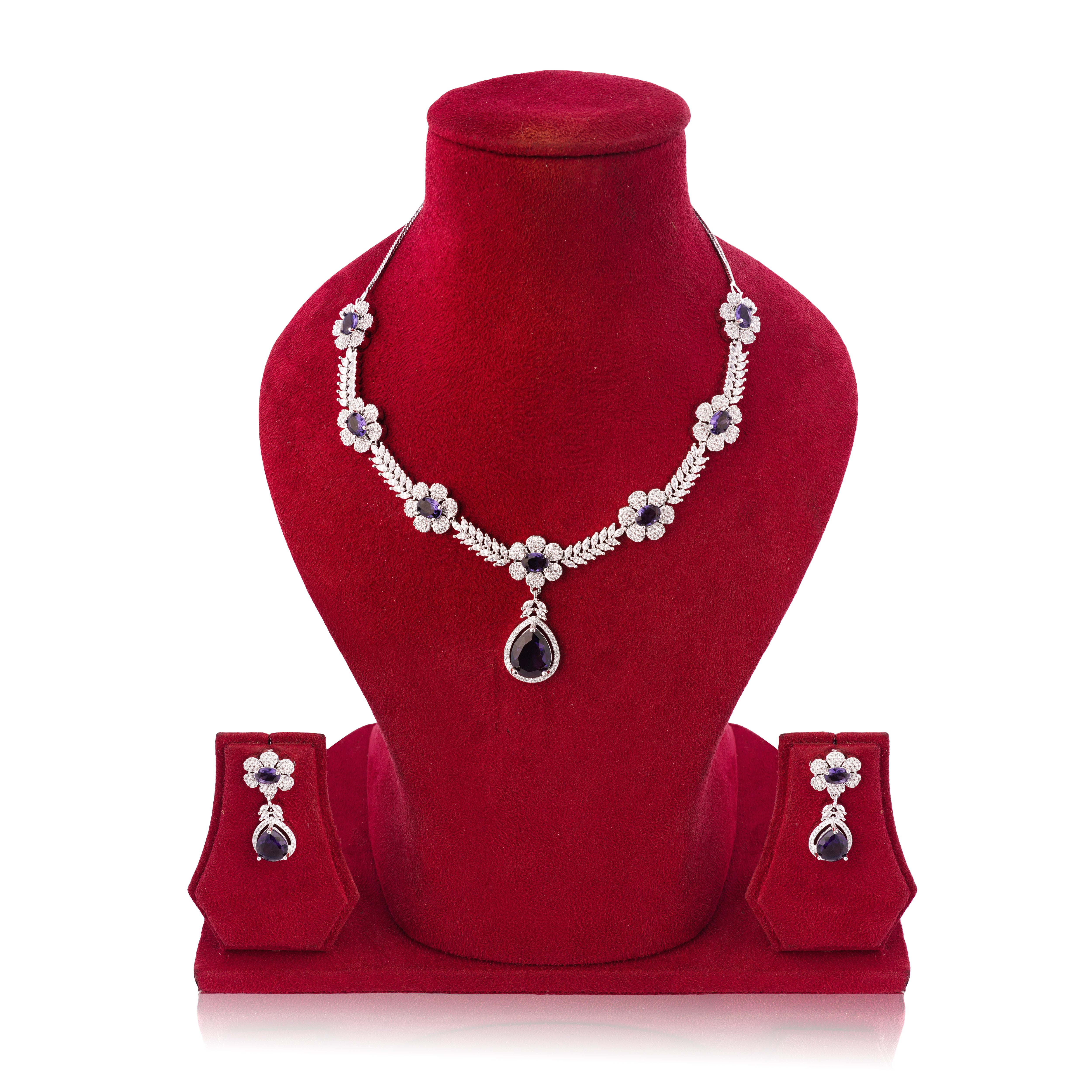 Amaita Royal Purple Stone Floral Platinum Polish Jewellery Set