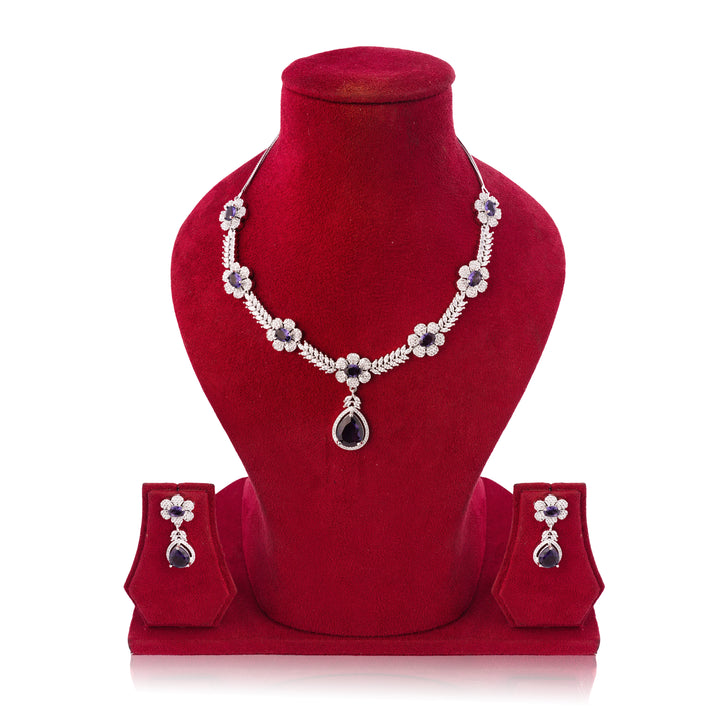 Amaita Royal Purple Stone Floral Platinum Polish Jewellery Set