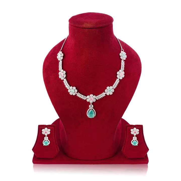 Amaita Elegant Platinum Finish Floral Necklace with Turquoise Stones