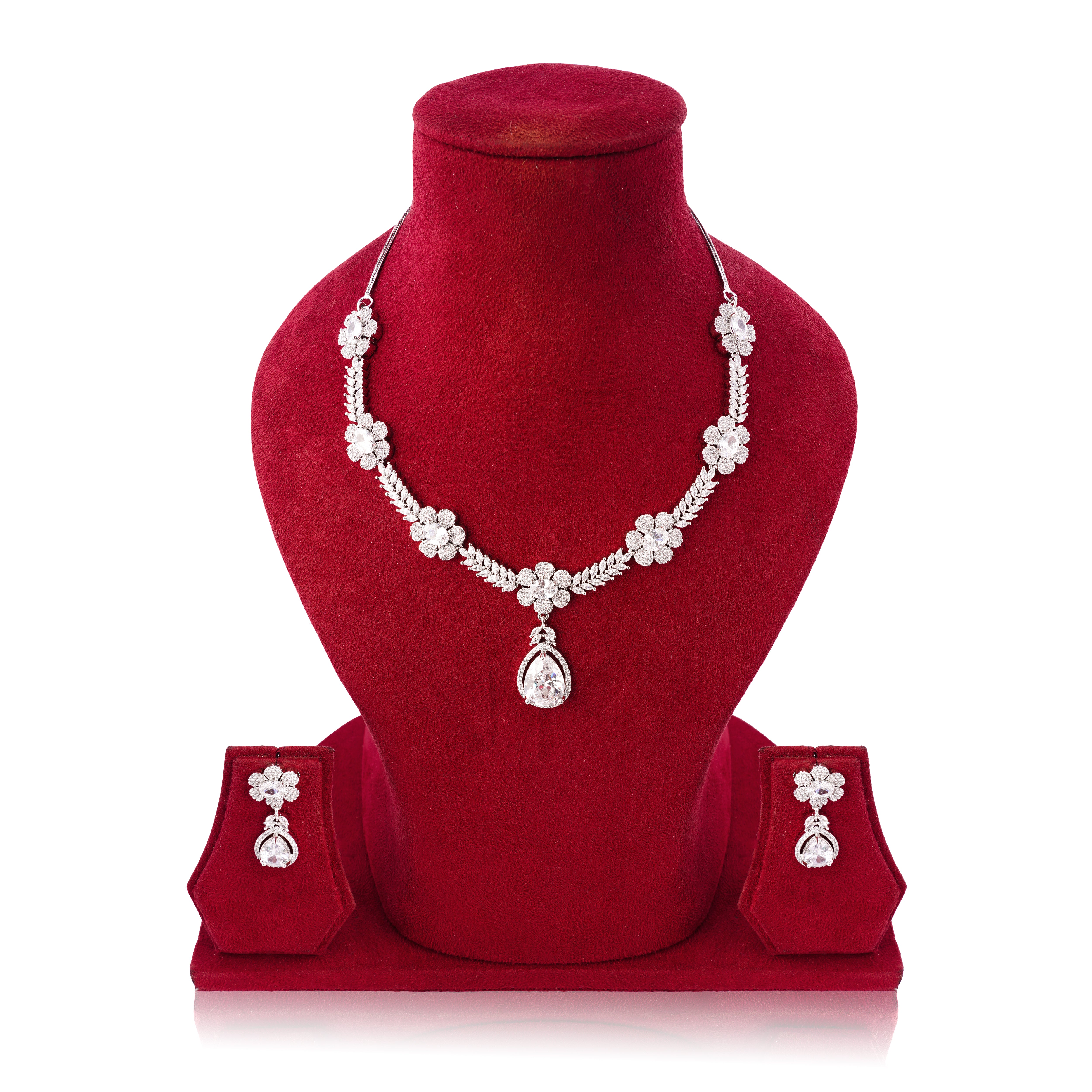 Amaita Natural White Stone Floral Platinum Polish Necklace & Earrings Set
