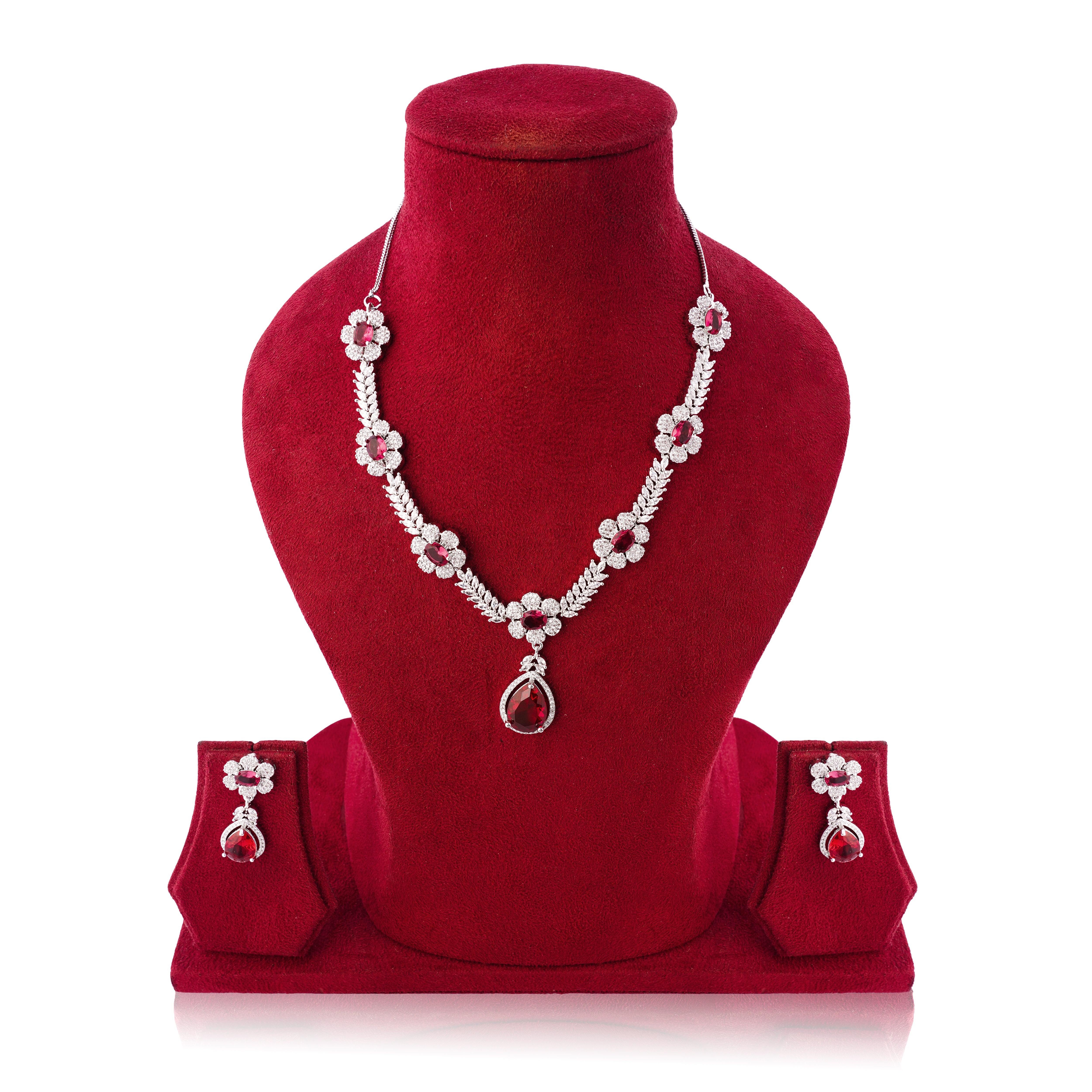 Amaita Radiant Platinum Polish Necklace & Earrings Set in Ruby Red Stones