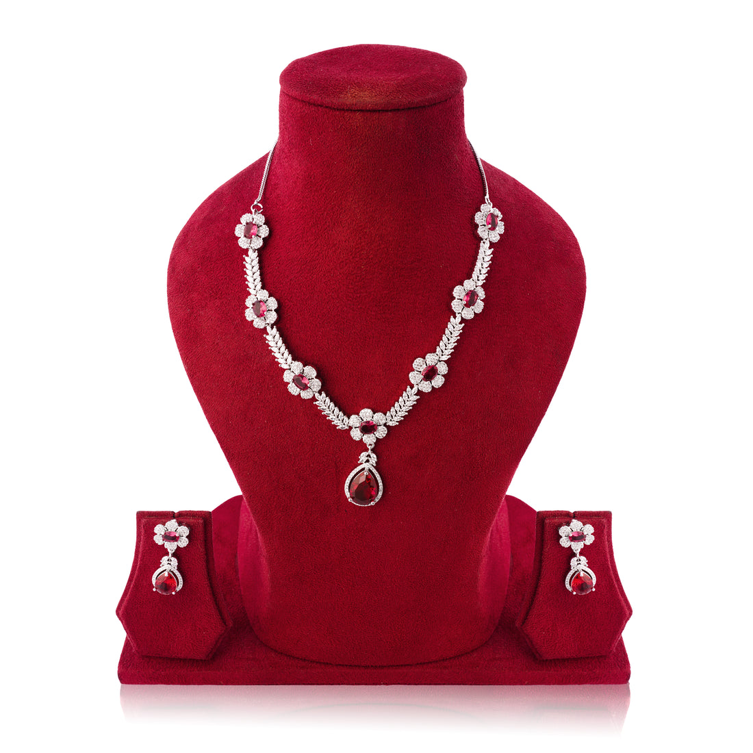 Amaita Radiant Platinum Polish Necklace & Earrings Set in Ruby Red Stones