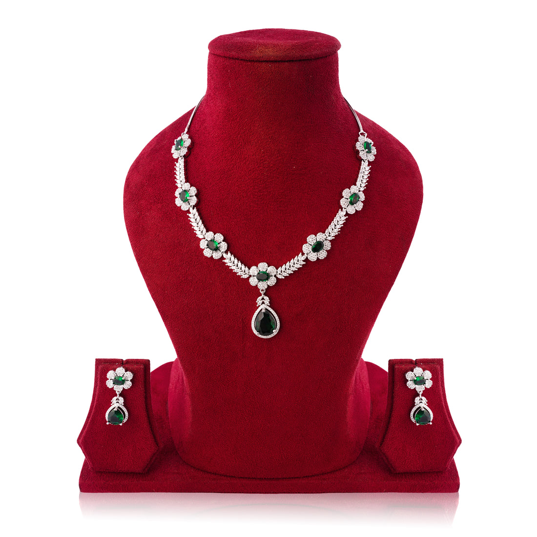 Amaita Emerald Green Floral Platinum Polish Necklace Set