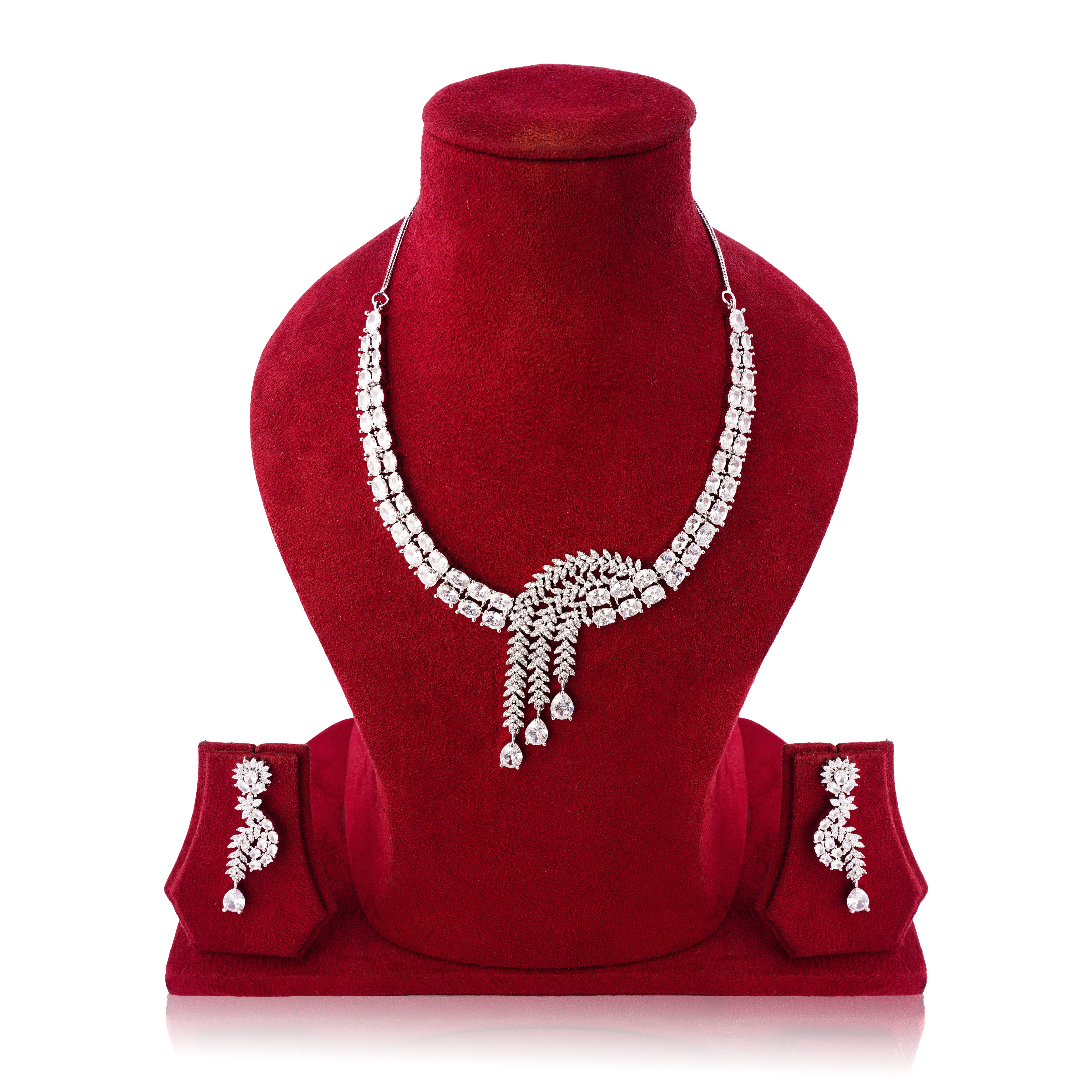 Amaita Platinum Polish Double Line Curved Leaf Design Necklace & Earrings Set