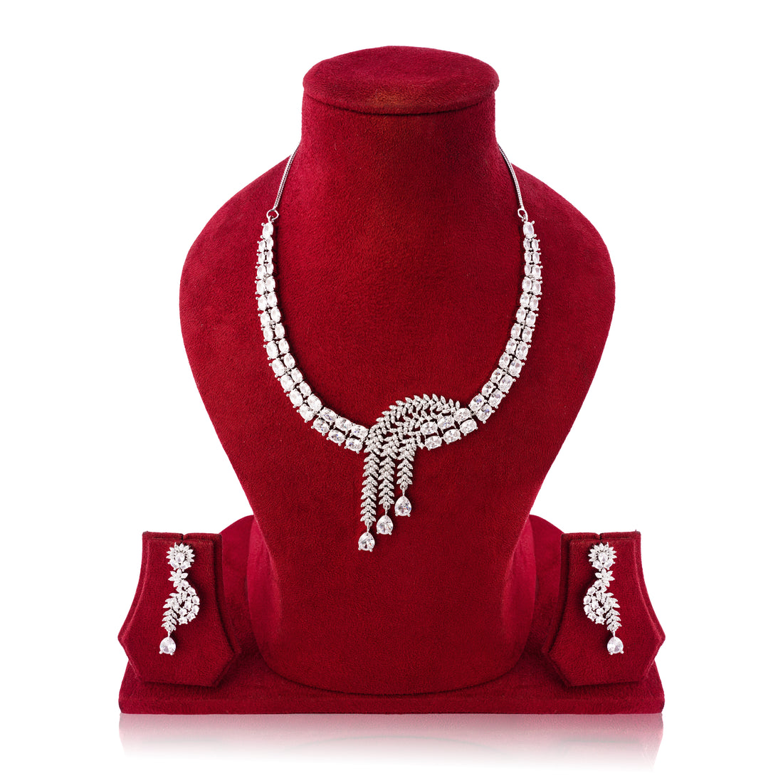 Amaita Platinum Polish Double Line Curved Leaf Design Necklace & Earrings Set