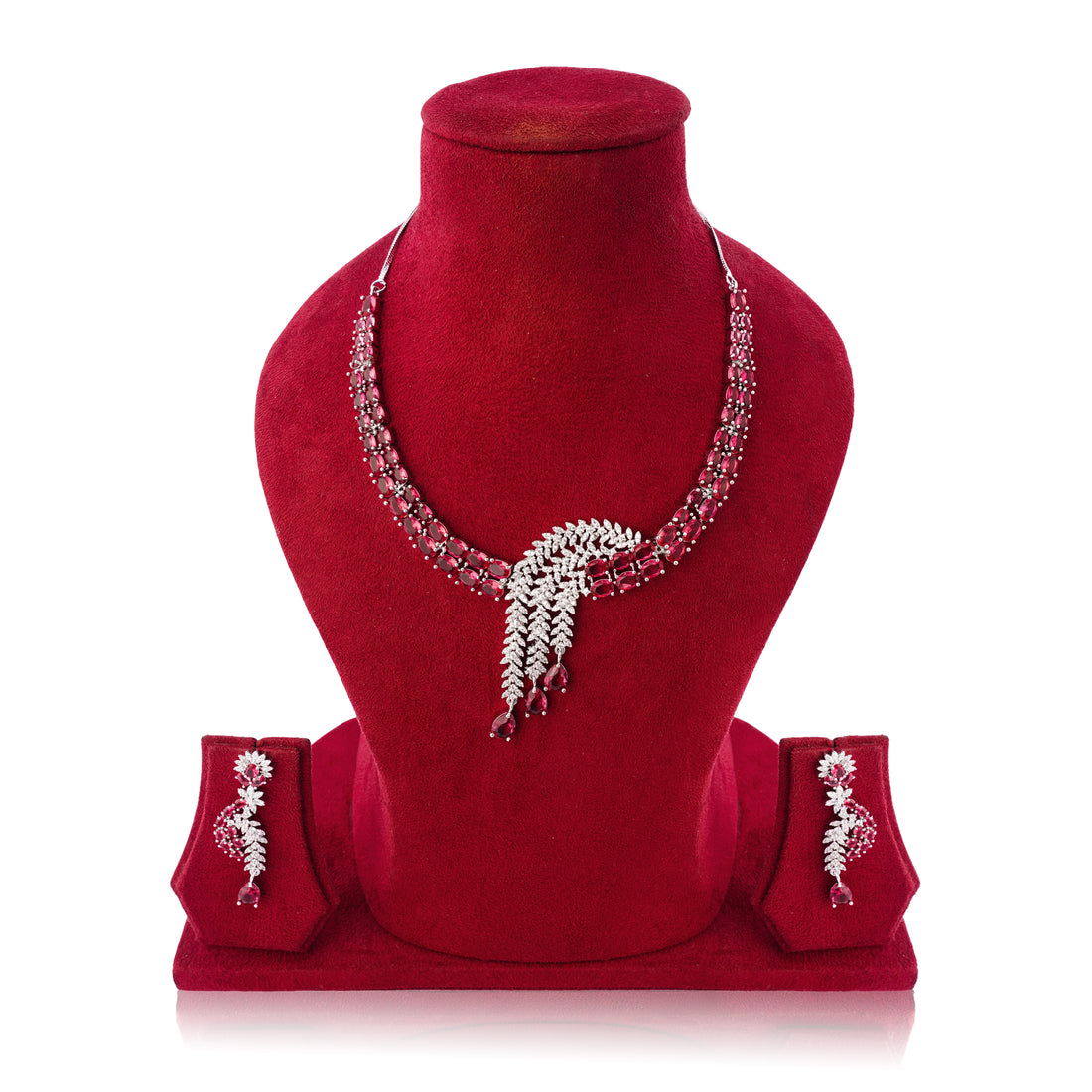 Amaita Ruby Double Line Curved Leaf Design Platinum Polish Necklace & Earrings Set