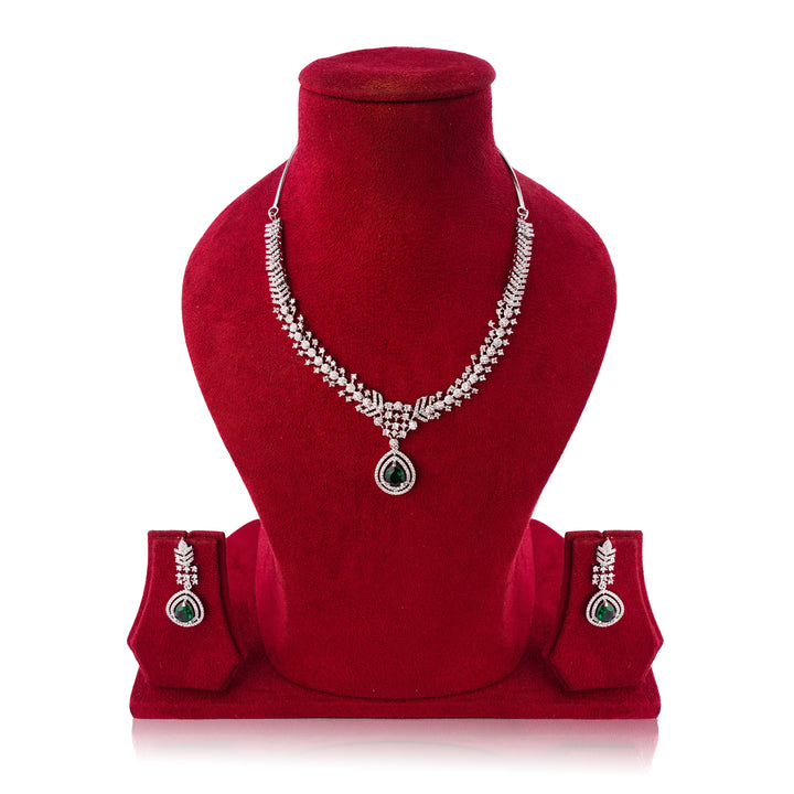 Amaita Platinum Finish Emrald Green Stone Vine Design Jewellery Set