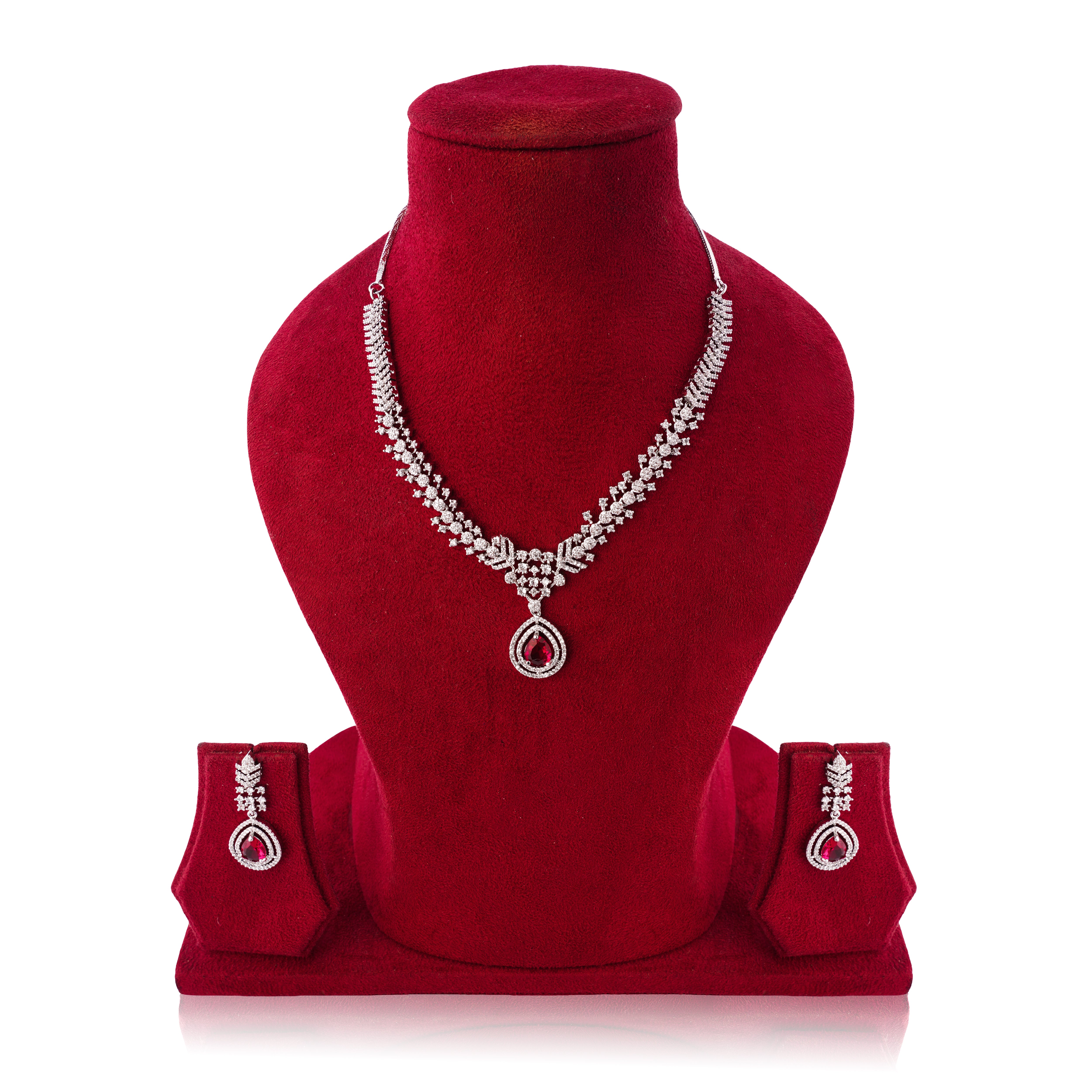 Amaita Platinum Finish Red Stone Vine Design Jewellery Set