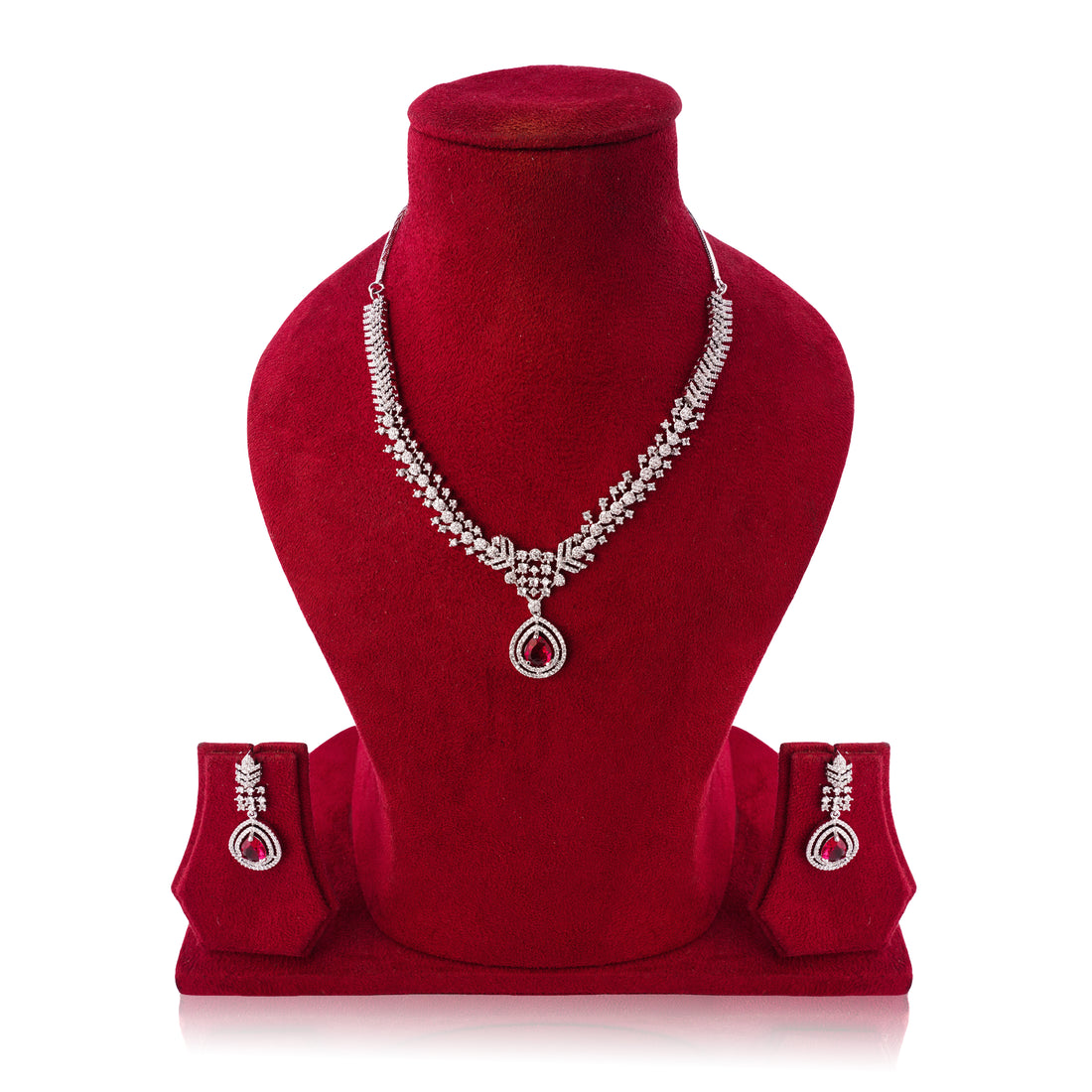 Amaita Platinum Finish Red Stone Vine Design Jewellery Set