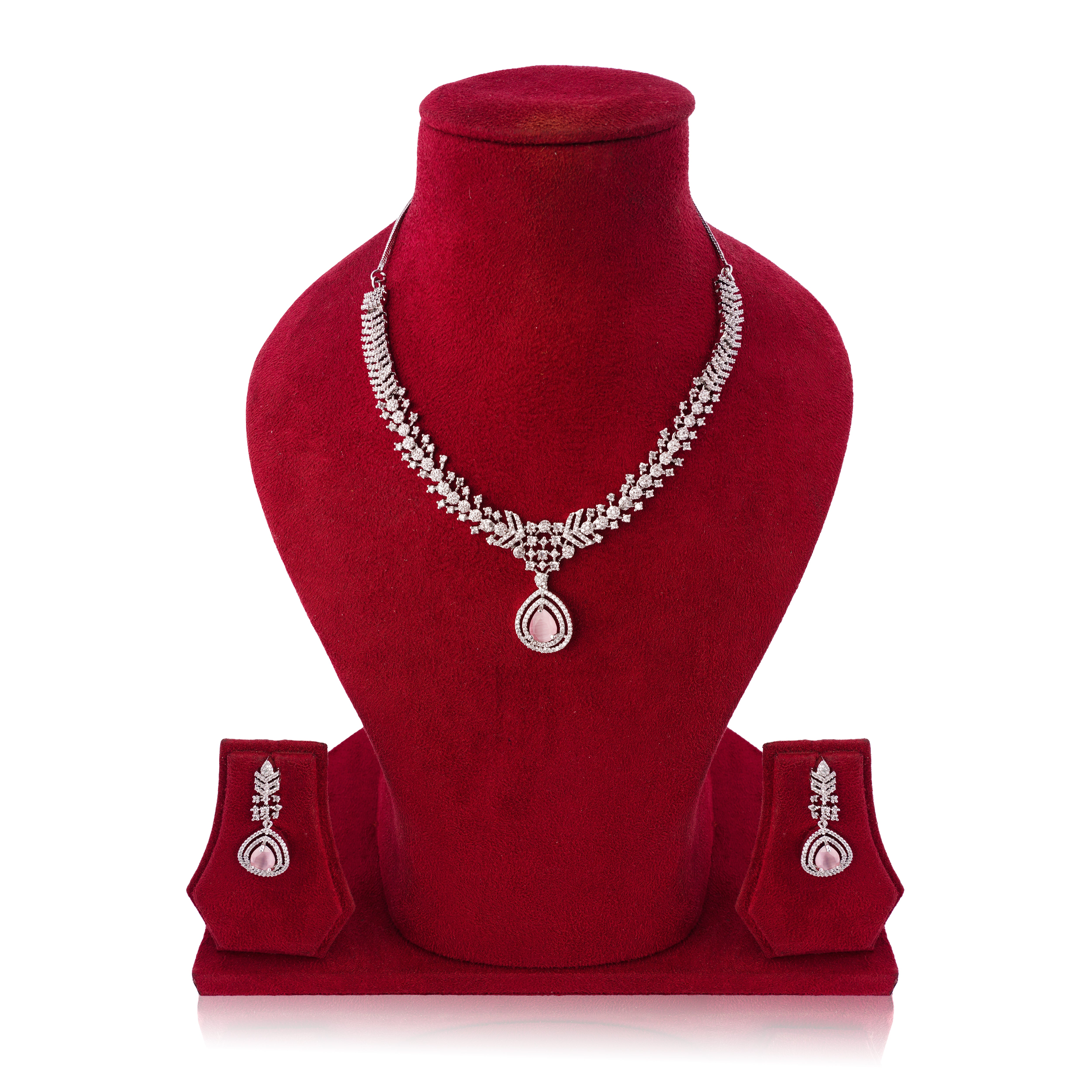 Amaita Platinum Shine Pink Stone Vine Design Jewellery Set