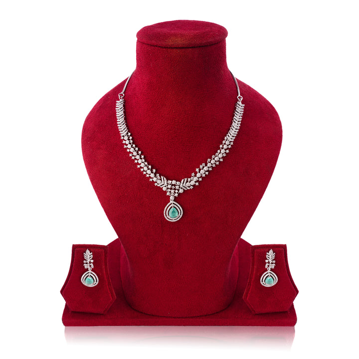 Amaita Platinum Finish Mint Green Stone Vine Design Jewellery Set
