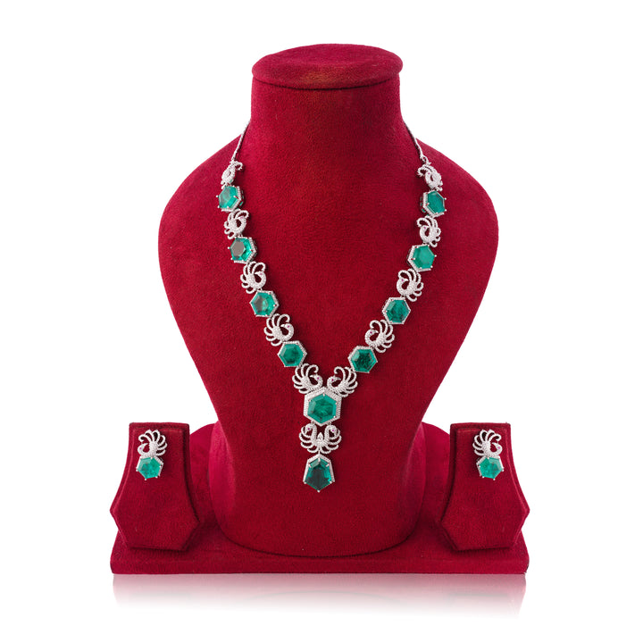 Amaita Platinum Finish Emerald Floral Hexa Design Jewellery Set