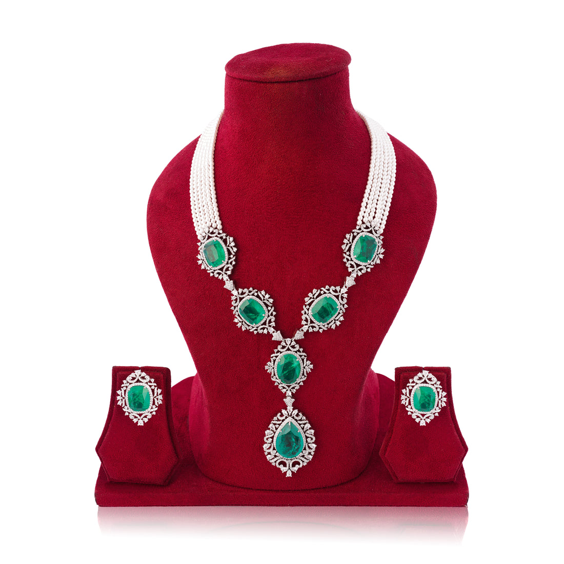Amaita Platinum Shine Emerald Floral Pearl Lace Jewellery Set
