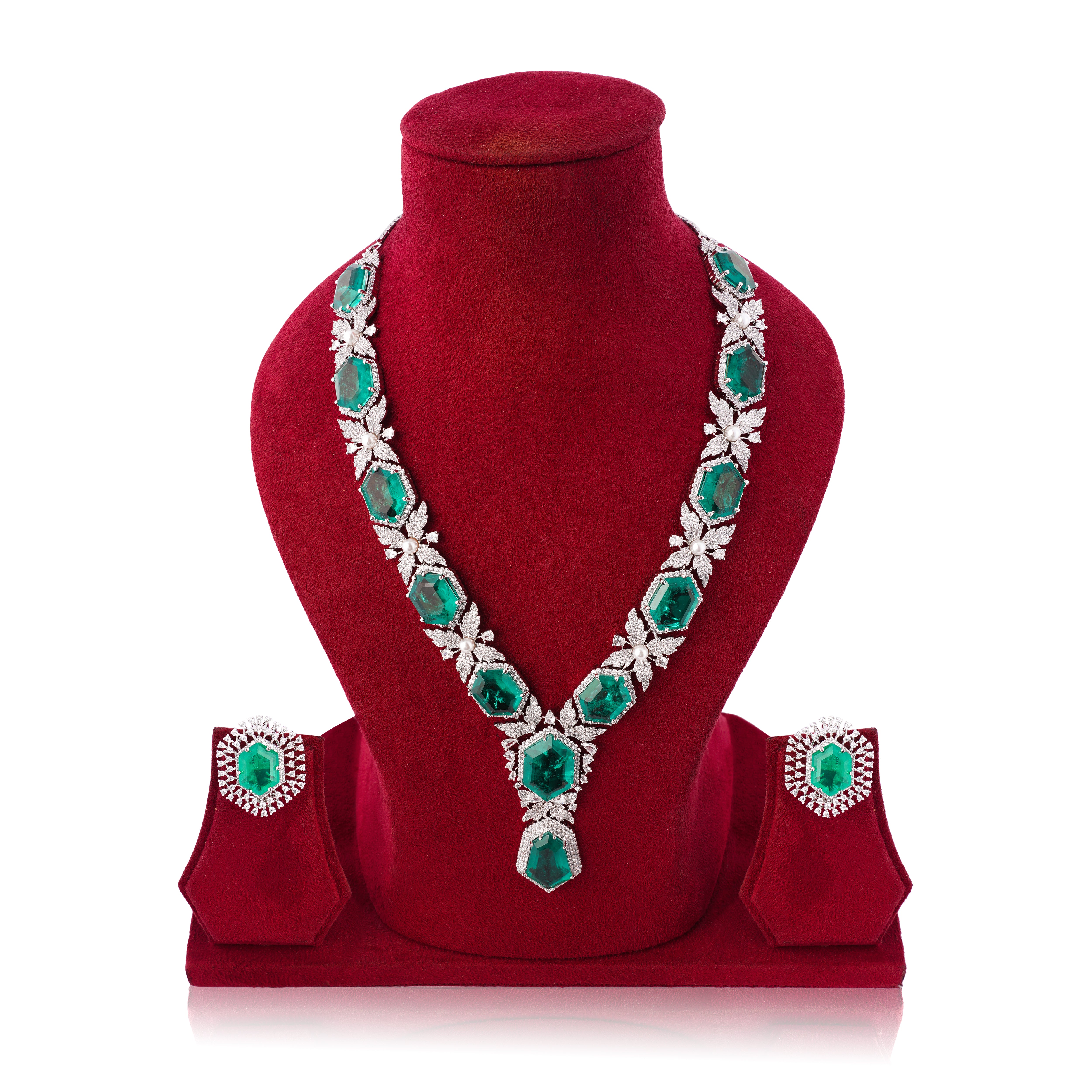 Amaita Platinum Finish Emerald Floral Leaf Design Luxe Jewellery Set