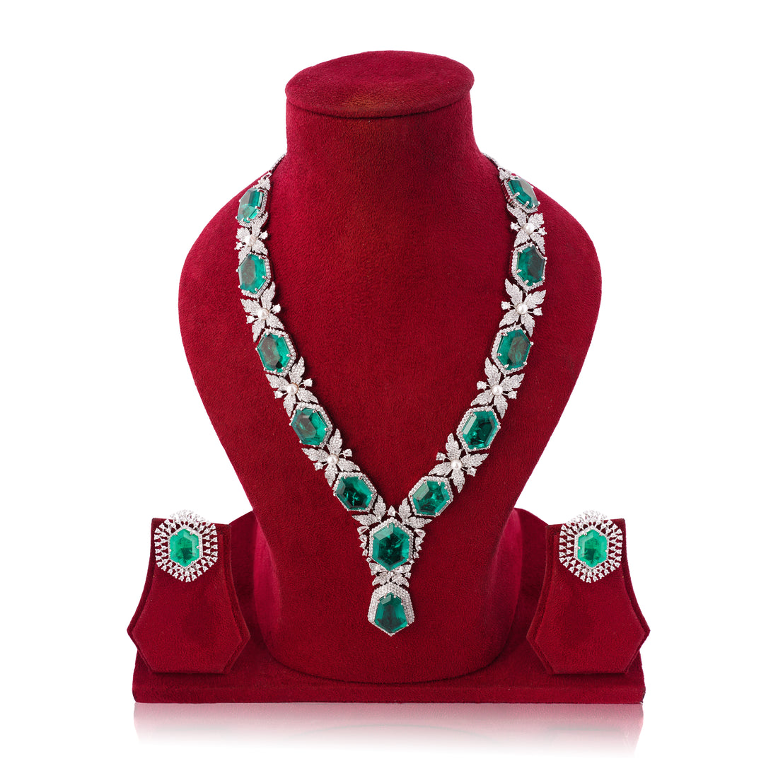 Amaita Platinum Finish Emerald Floral Leaf Design Luxe Jewellery Set