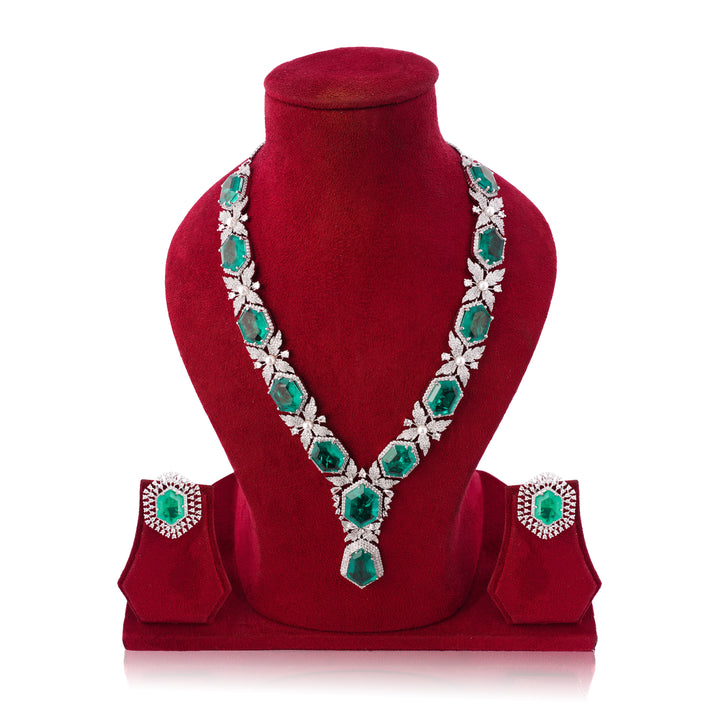 Amaita Platinum Finish Emerald Floral Leaf Design Luxe Jewellery Set