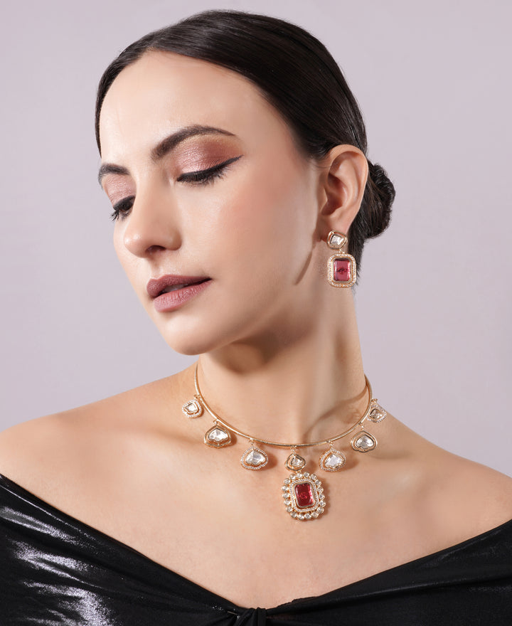 Amaita Gold Finish Ruby Drop Choker Jewellery Set