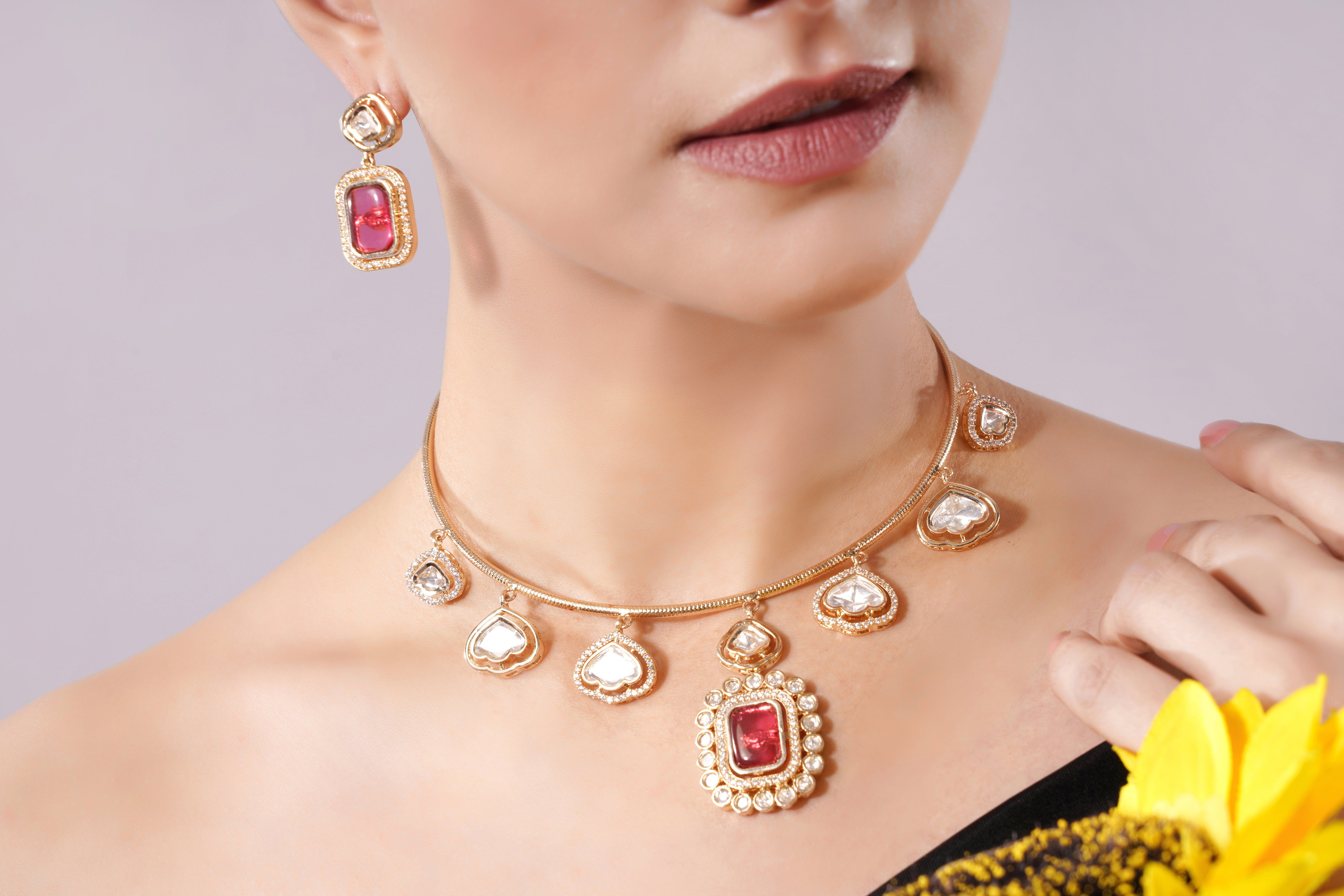 Amaita Gold Finish Ruby Drop Choker Jewellery Set