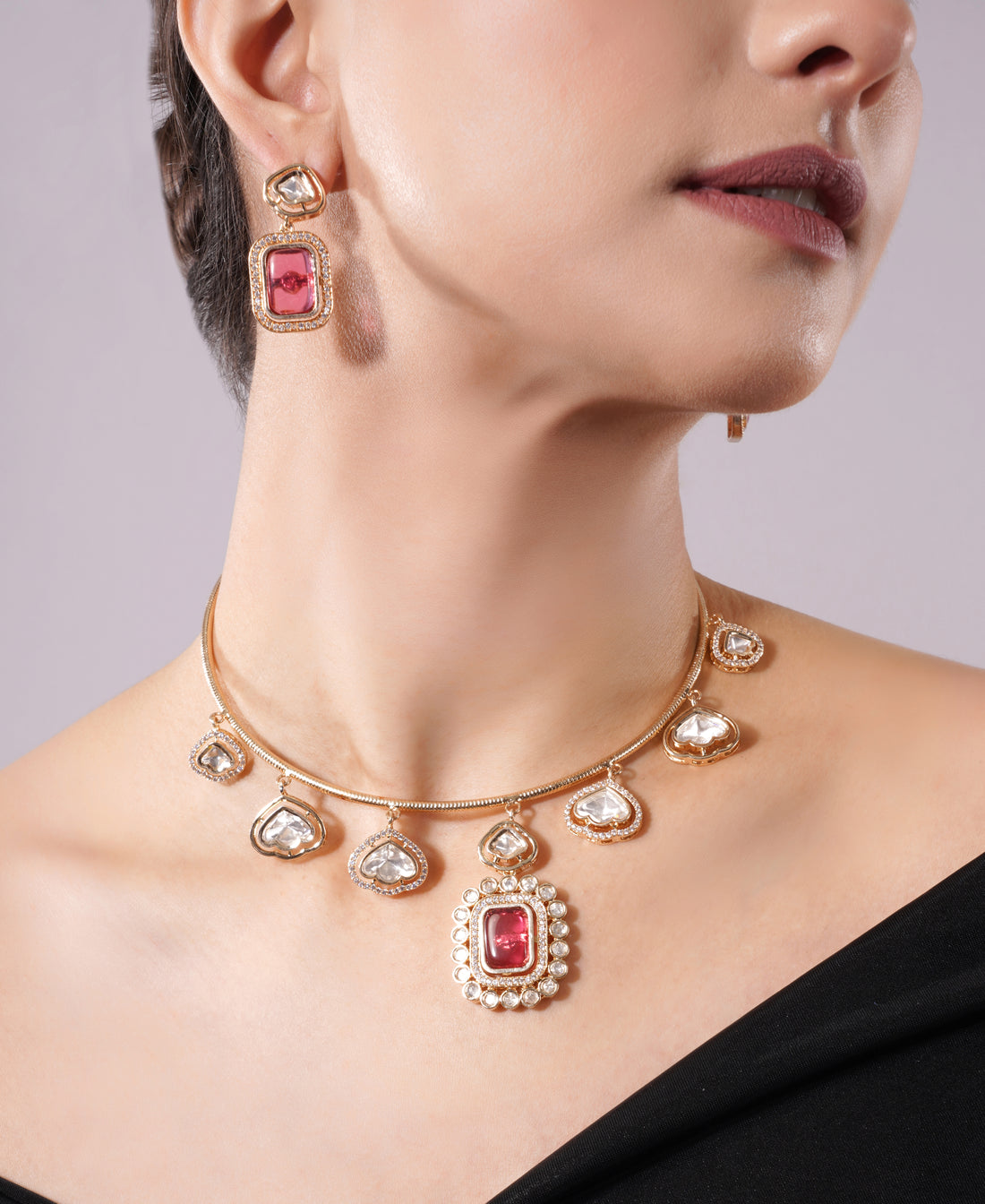 Amaita Gold Finish Ruby Drop Choker Jewellery Set