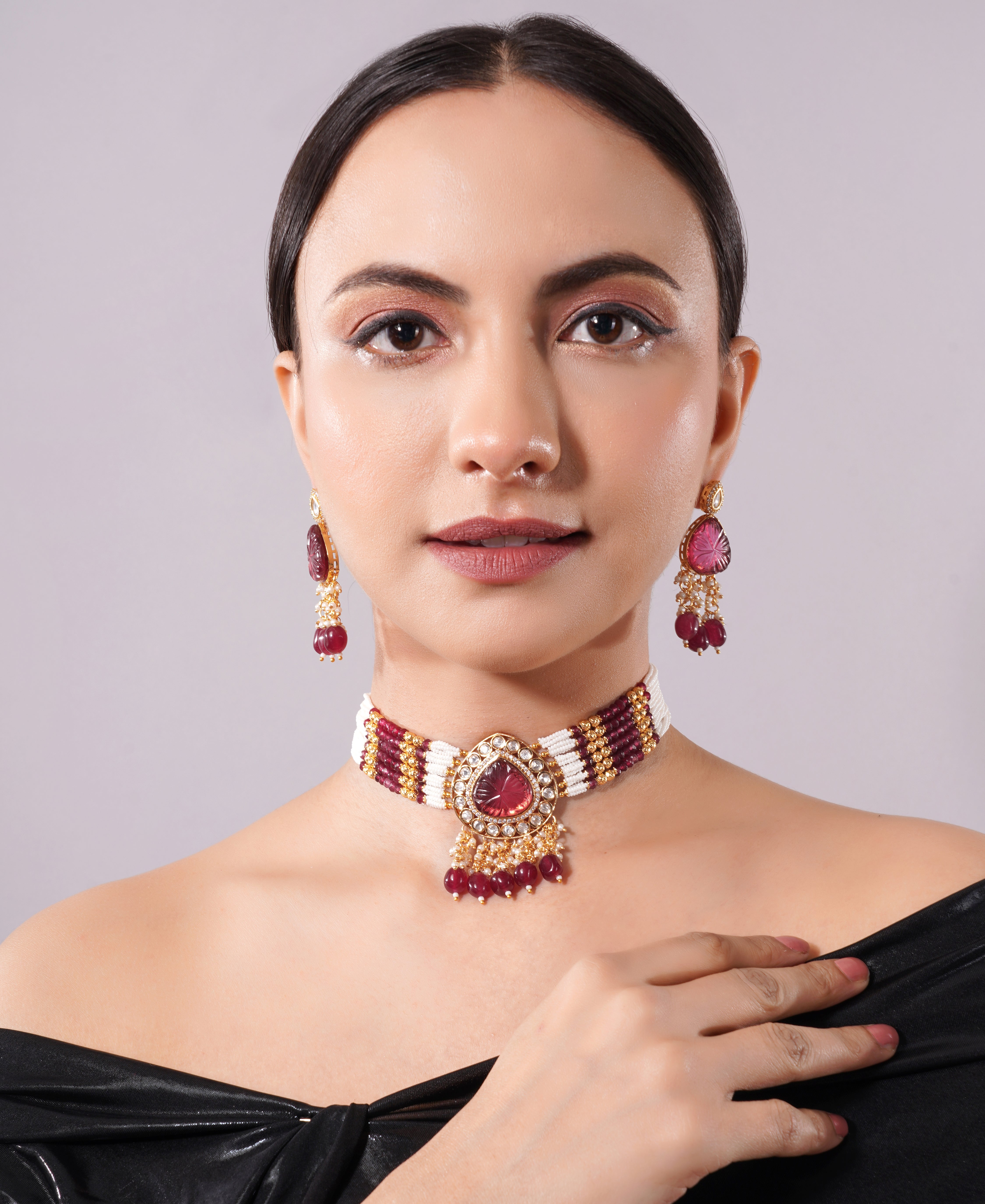 Amaita Ruby Pearl Layered Choker Jewellery Set