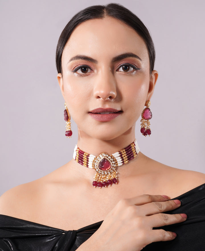 Amaita Ruby Pearl Layered Choker Jewellery Set