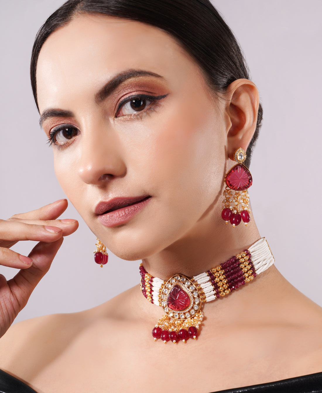 Amaita Ruby Pearl Layered Choker Jewellery Set