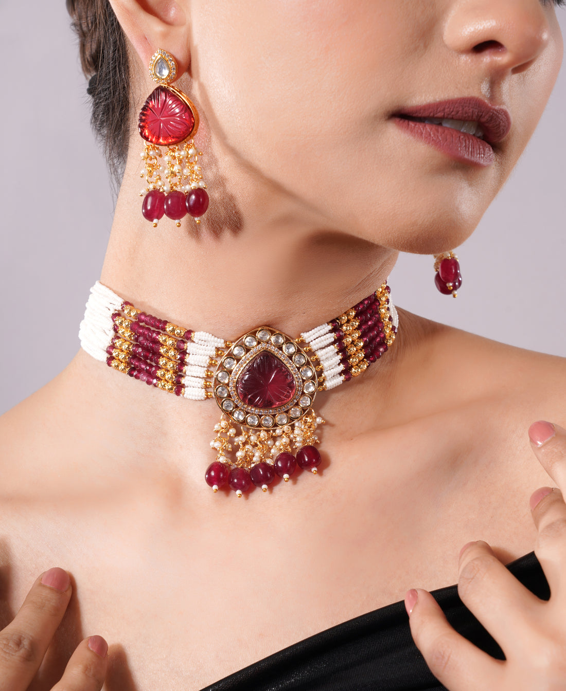 Amaita Ruby Pearl Layered Choker Jewellery Set